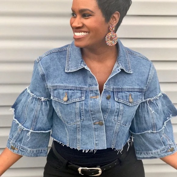 Thrill Ruffle Sleeve Denim Crop Jacket Size 1X
