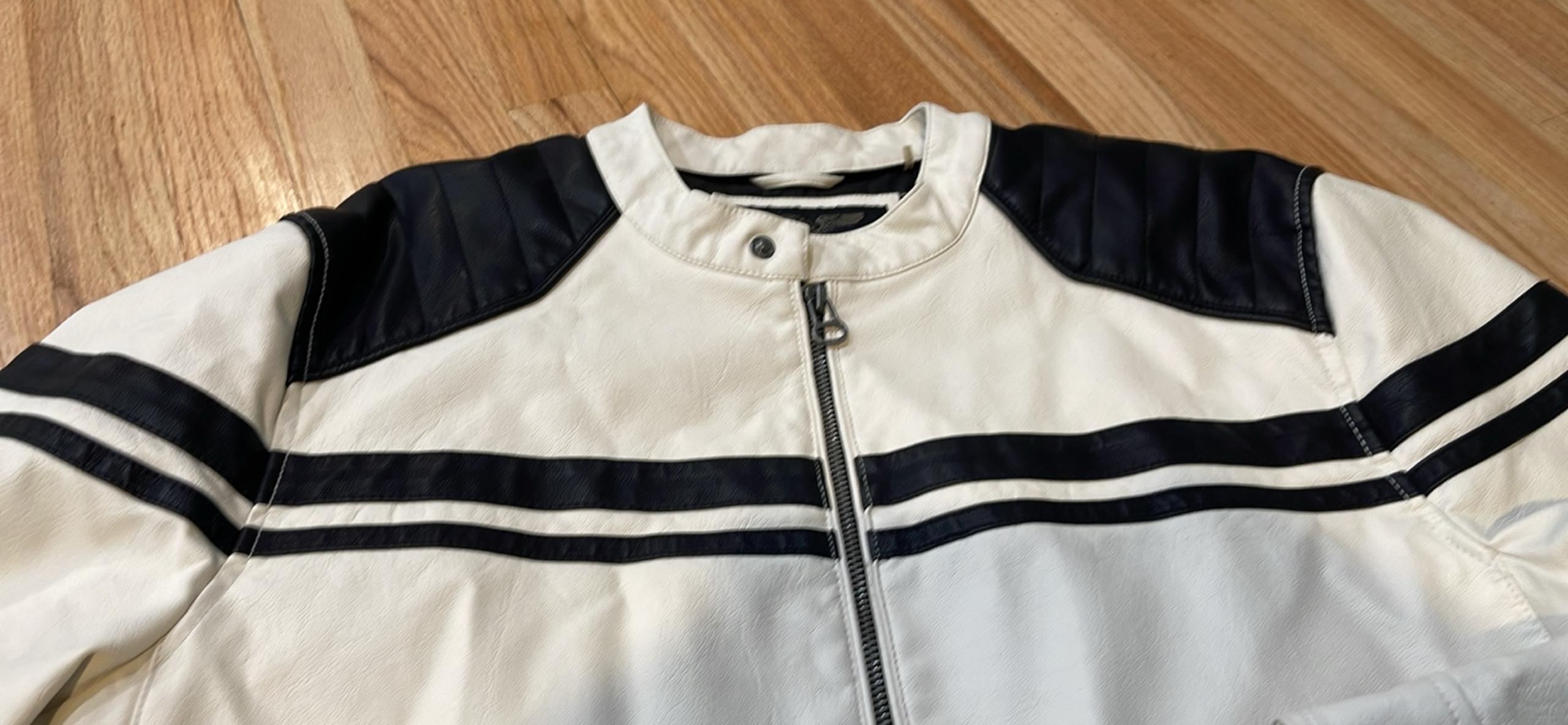 Men’s Wilsons Faux Leather White Jacket Black Stripes Motorcycle Size XL