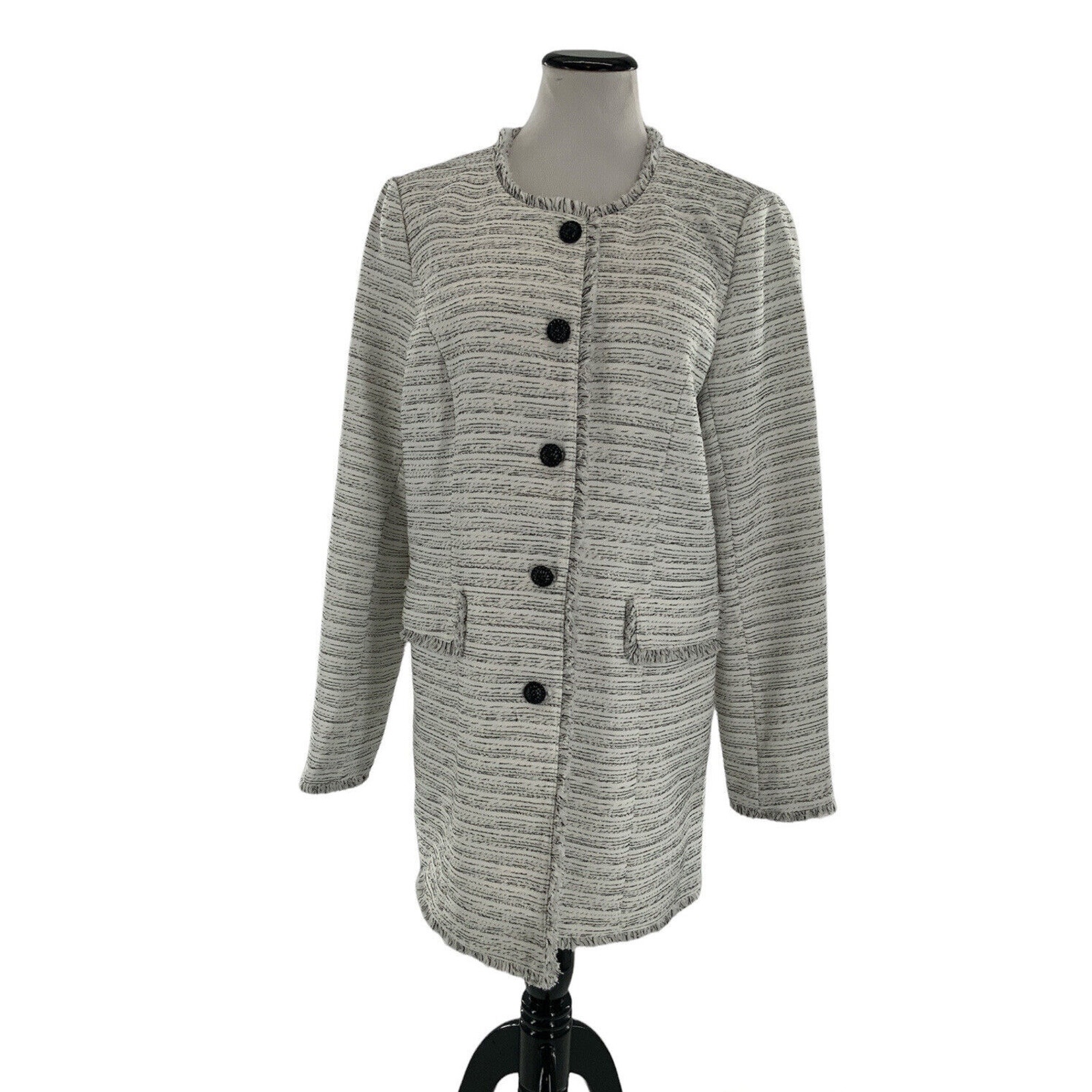 Karl Lagerfeld Paris Blazer Women's Size 2 Black/White Tweed Fringe Long Jacket
