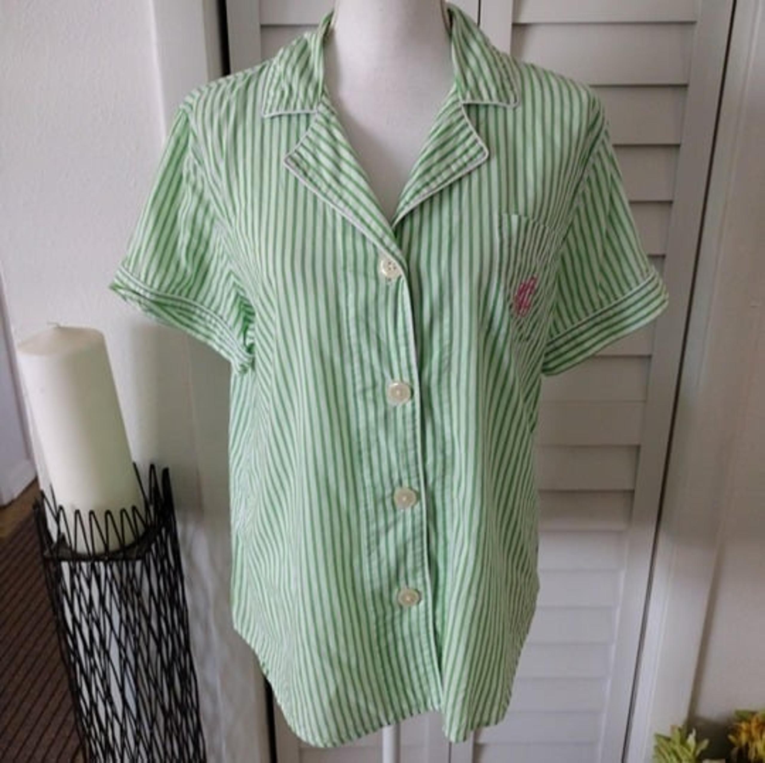 Lauren Ralph Lauren green & white striped LRL Monogram pajama top womens Sz M