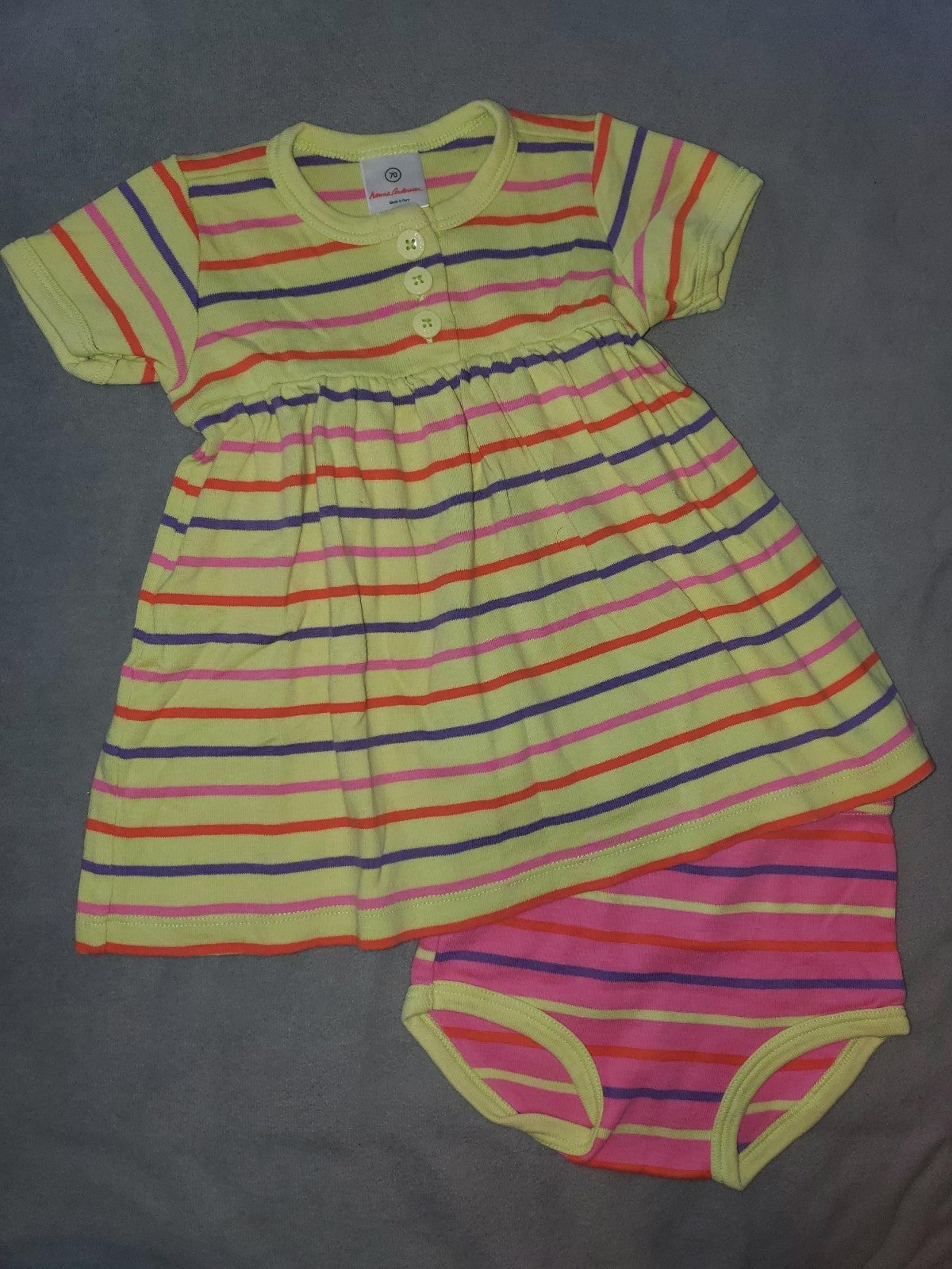 Hanna Andersson Lime Striped Play Dress & Reverse Stripe Bloomer Sz 70 6-12 EUC