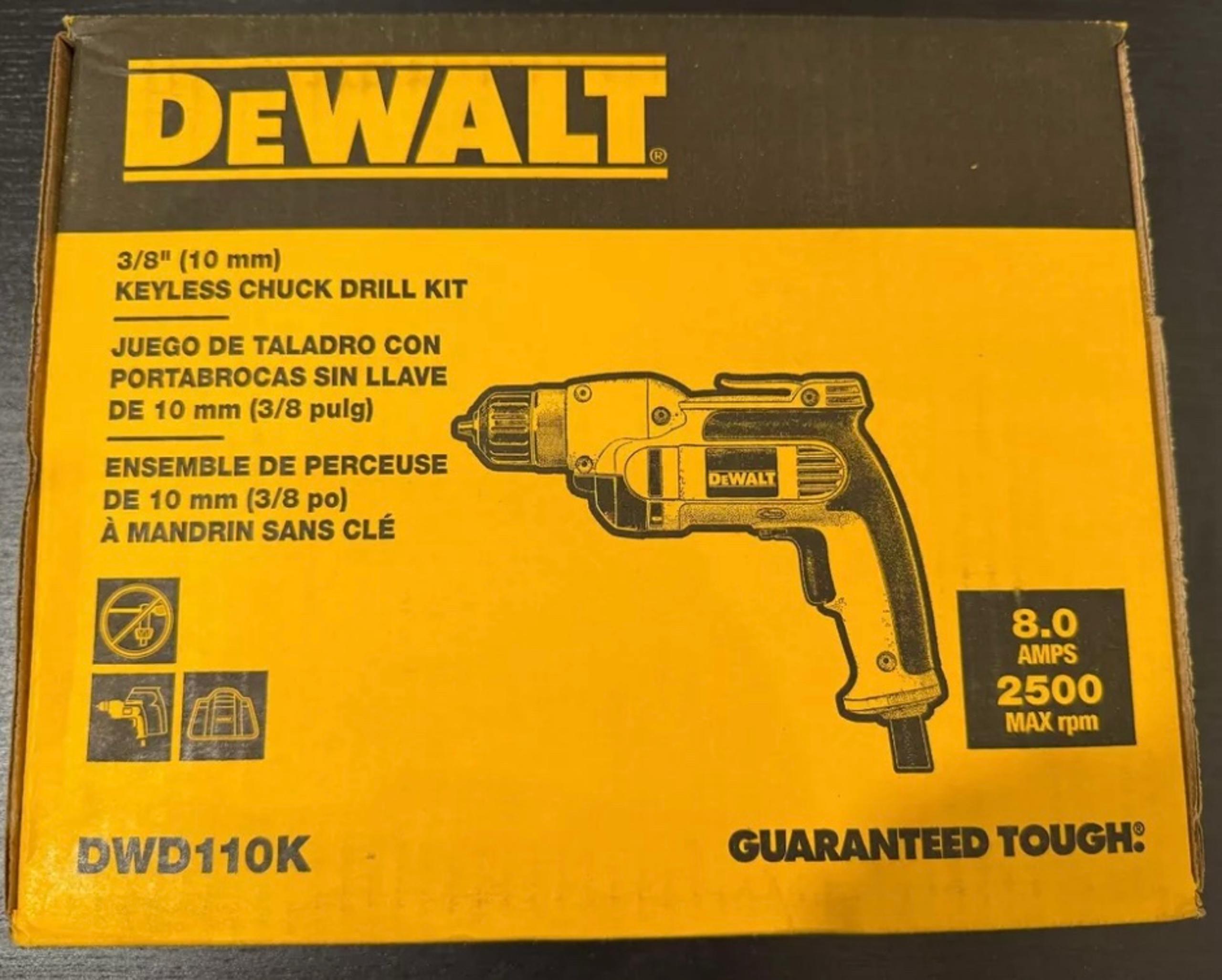 Brand New with Free Shipping DWD110K 3/8” keyless chuck drill kit with bag
