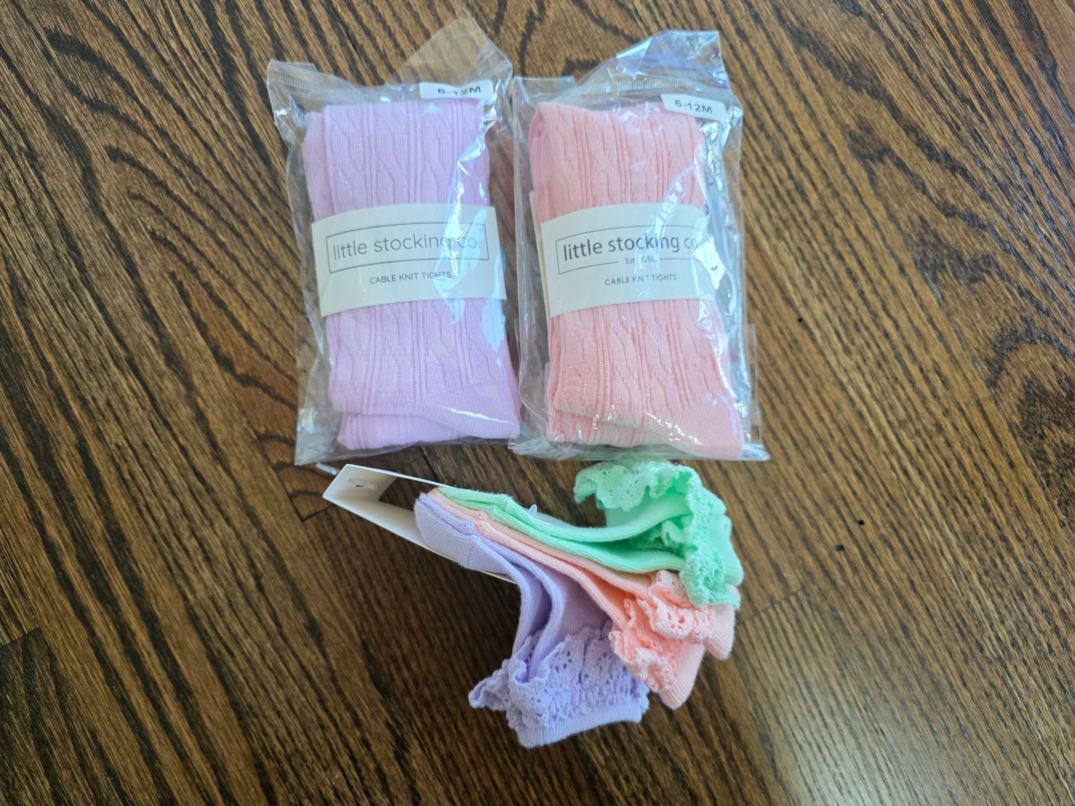 New Lilac and Light Pink Tights (6-12 Months), Baby Girl Lace Midi Socks Bundle