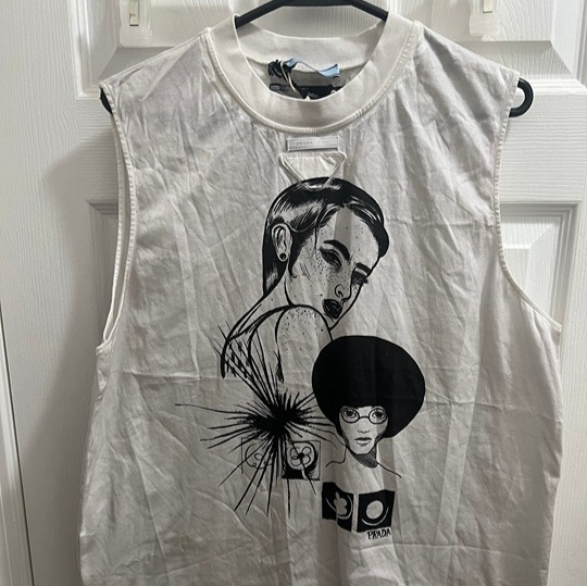 Prada Women's Off White Cotton Comic Print Sleeveless Tank Top