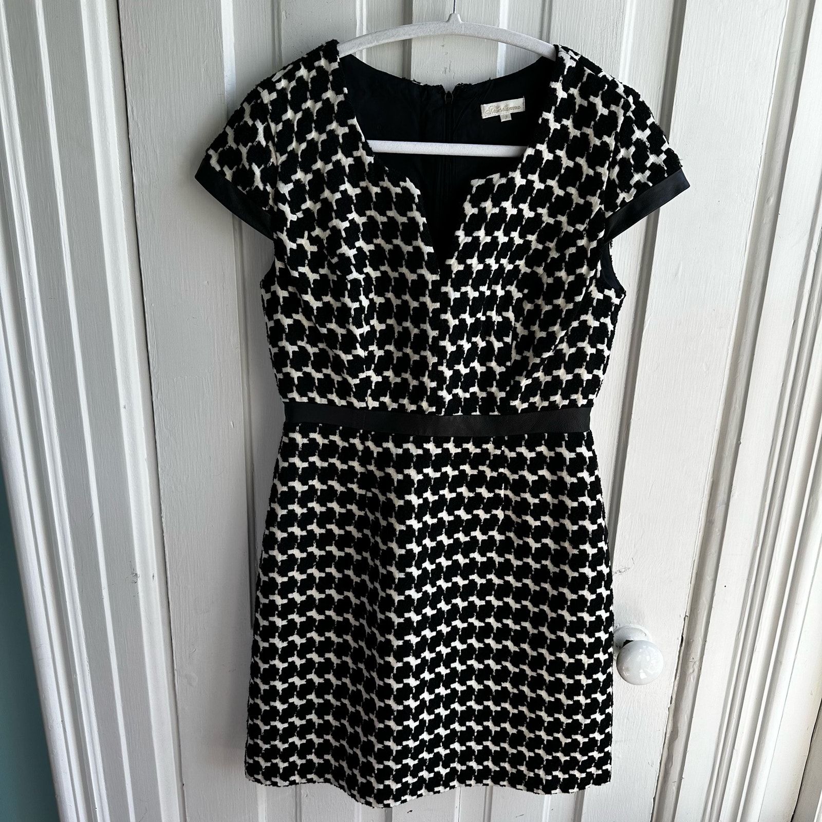 Shoshanna Leather Trim Flair Houndstooth Jacquard Dress