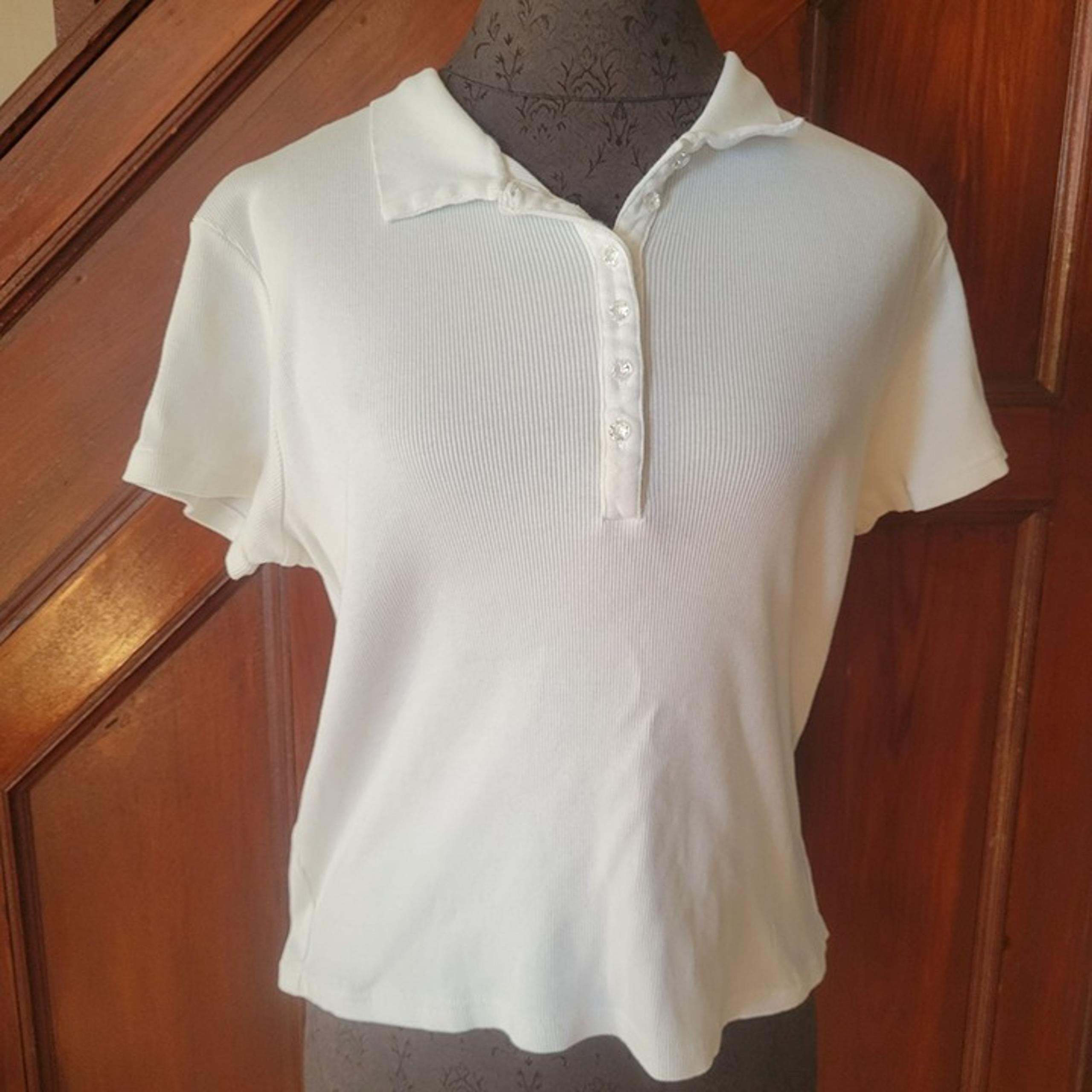 Talbots Womens White Ribbed Polo Shirt S/M Crystal Buttons