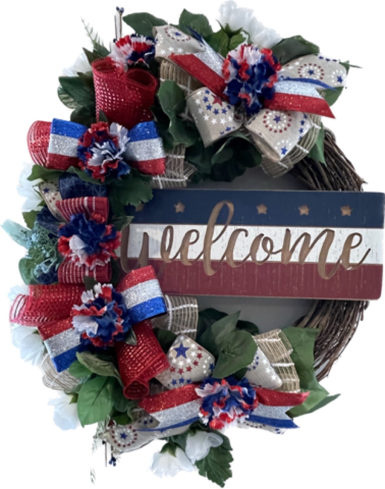 Patriotic Rustic Wreath -July 4th Wreath - Summer Wreath -Red White- Rustic Déco