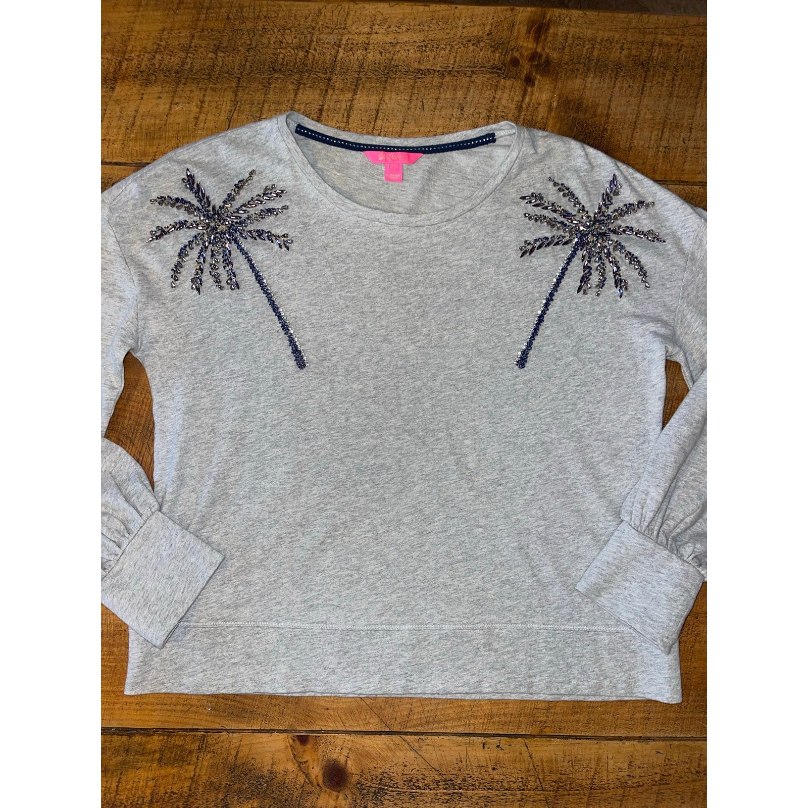 Womens Lilly Pulitzer Tippie Embellished Sweatshirt Cotton Beaded Palm Tree L