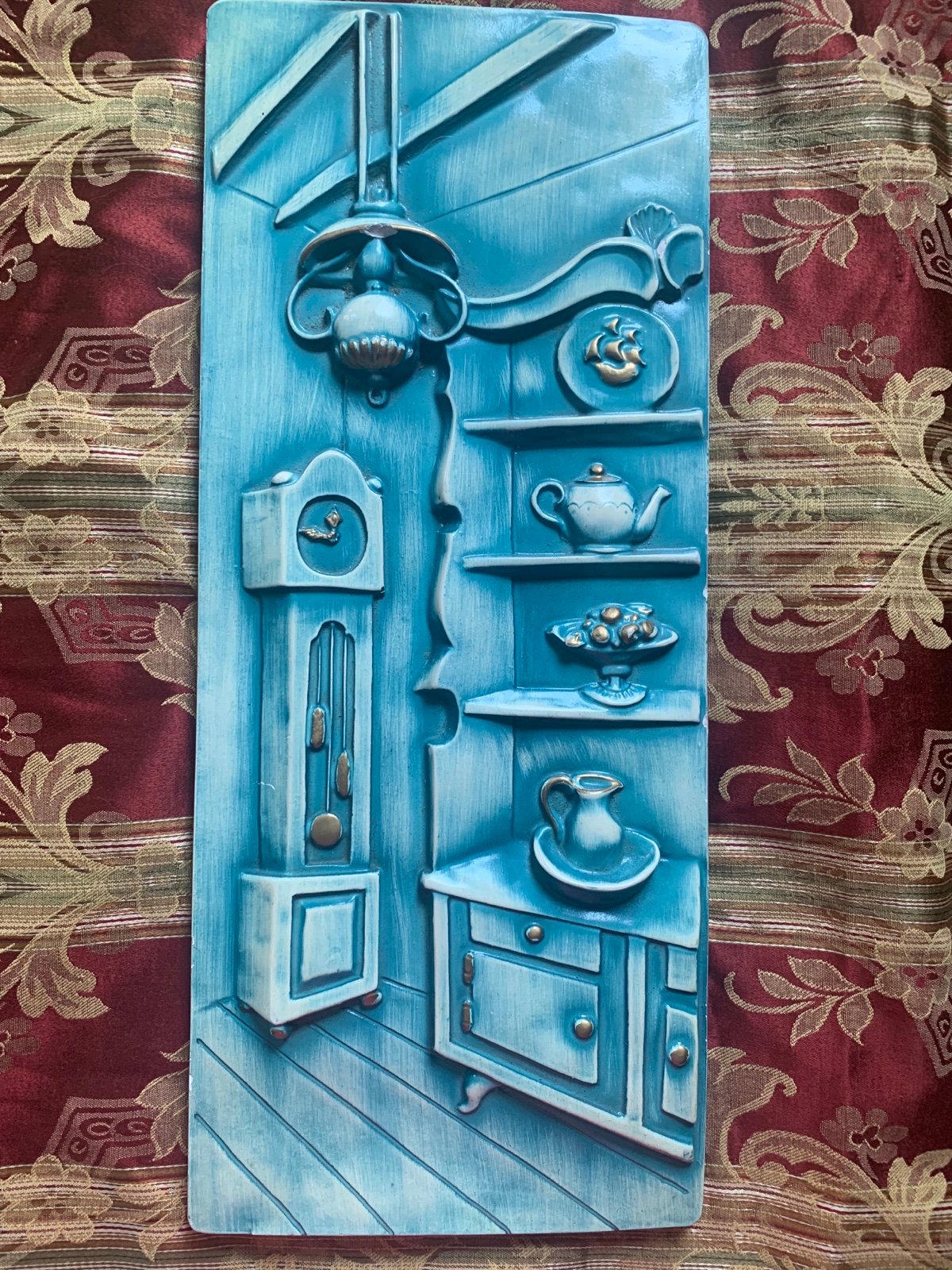 Vintage Rare Hanging Large Chalkware Wall Art of Vintage Items Display w/Clock