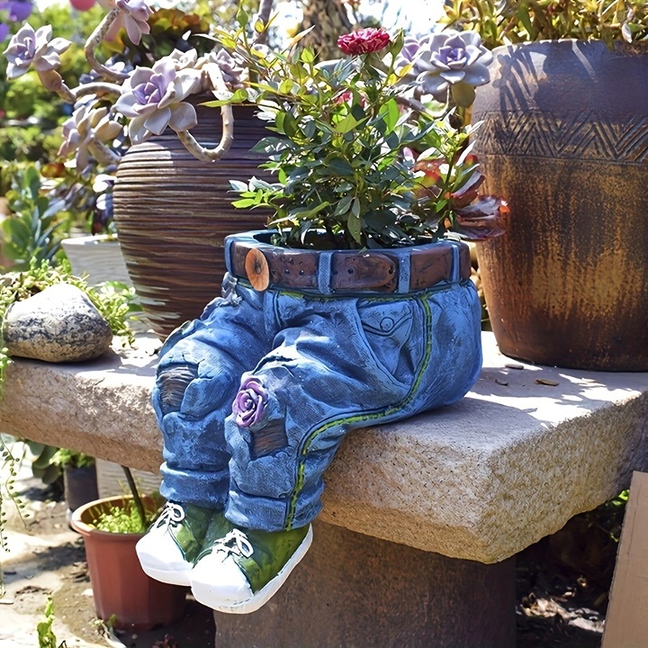 1pc Creative Retro Garden Decoration - Funny Flower Pots Resin Denim Pants Ornam