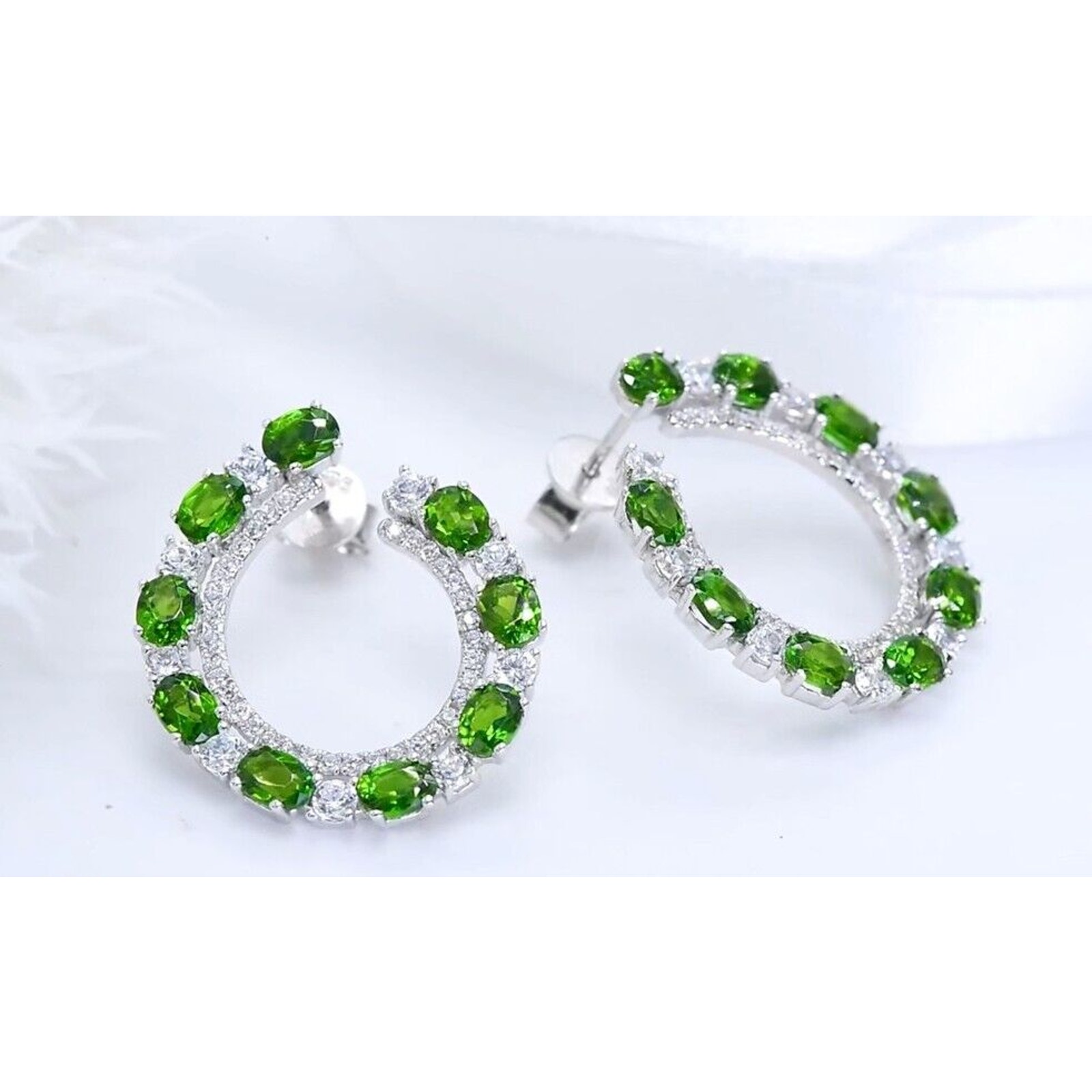 Chrome Diopside Stud Earrings, Natural Diopside Gemstone Earrings Sterling 3.5CT