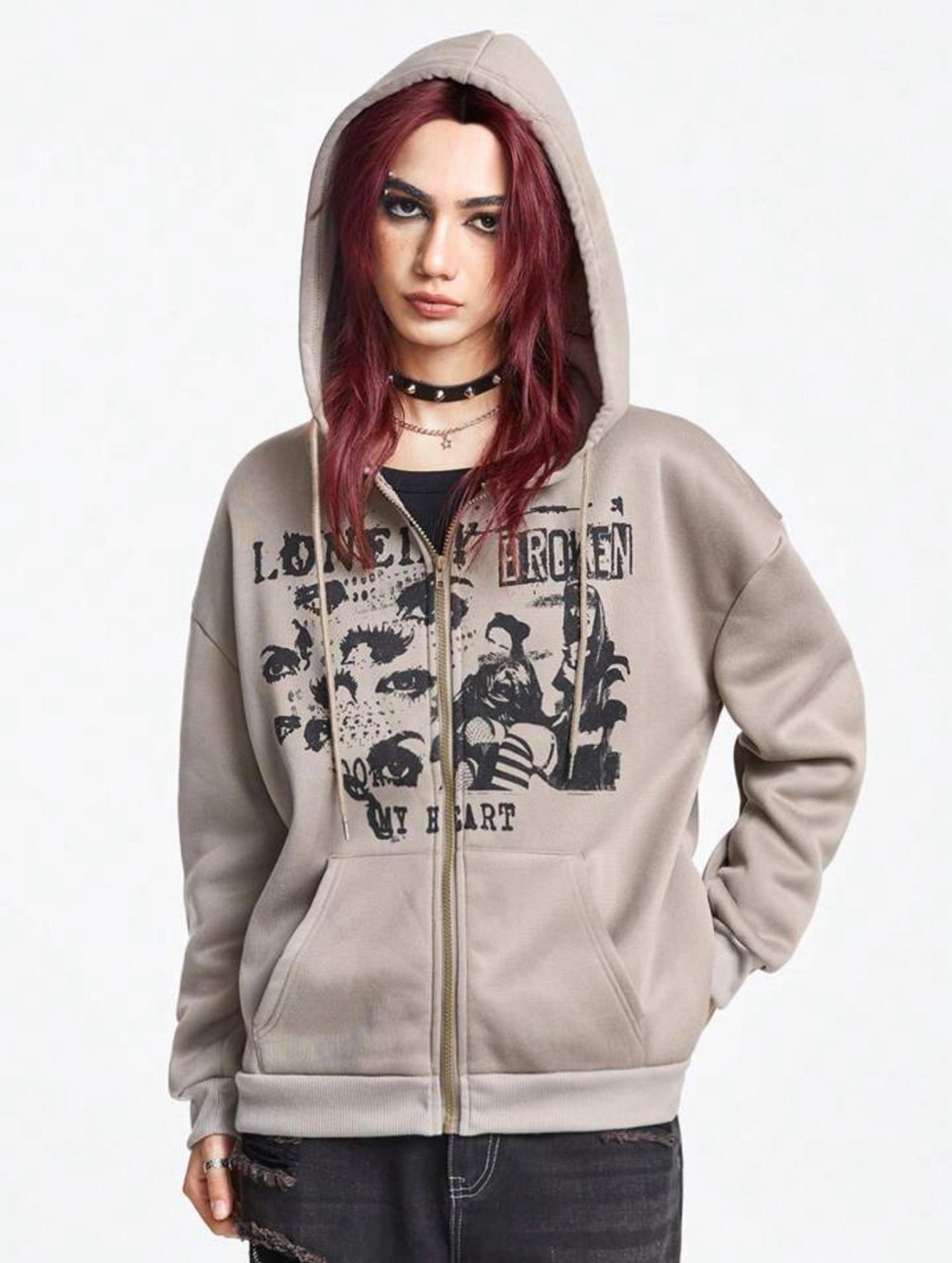 Romwe Women’s Gothic Emo ZipUp Sweatshirt Size M