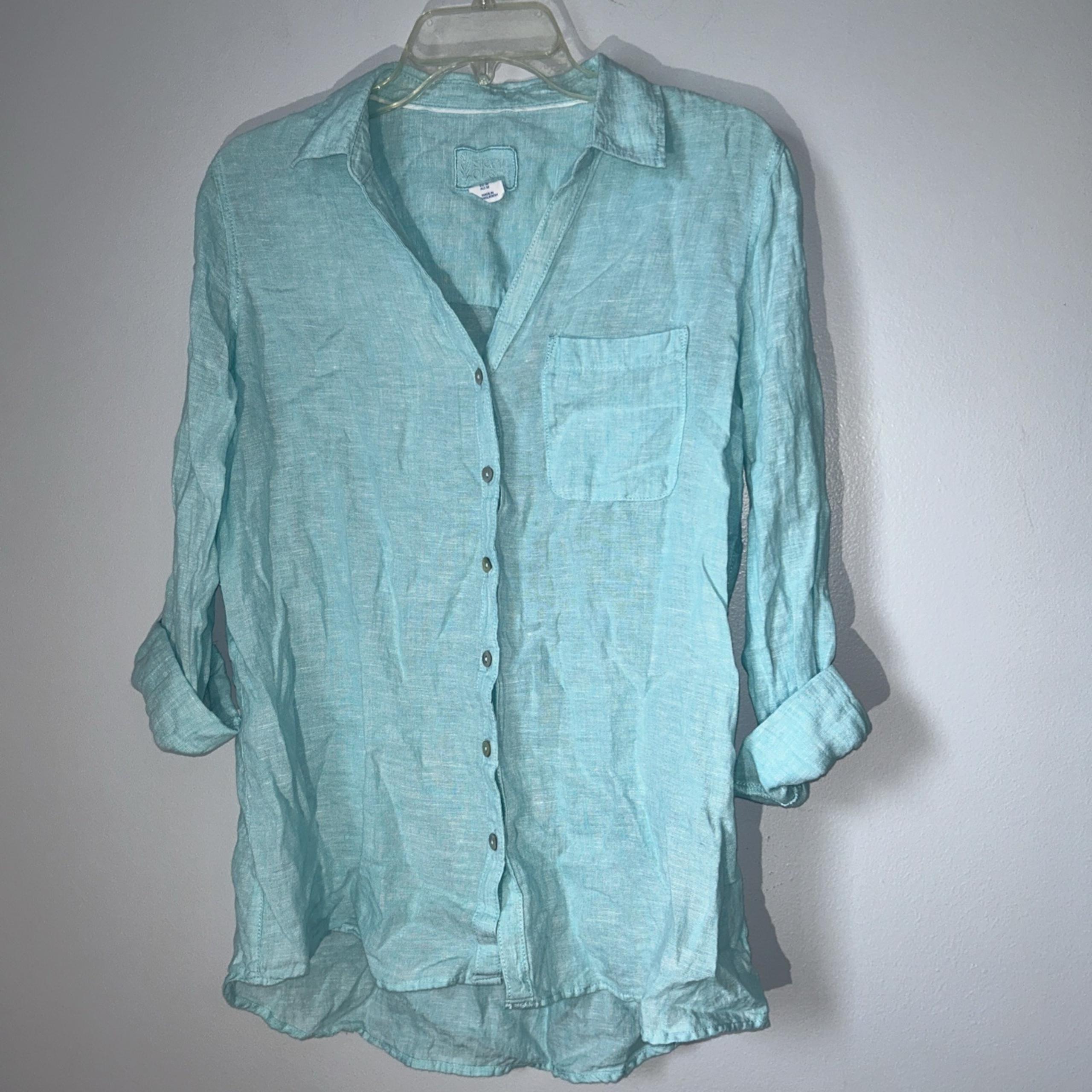 Sigrid Olsen 100% Linen Women's Seaglass Blue Button Down Shirt Blouse Tunic M