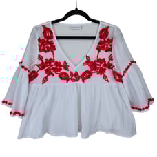Ada Kamara Womens Peplum Peasant Gauzy Shirt Medium Embroidered Floral Bohemian