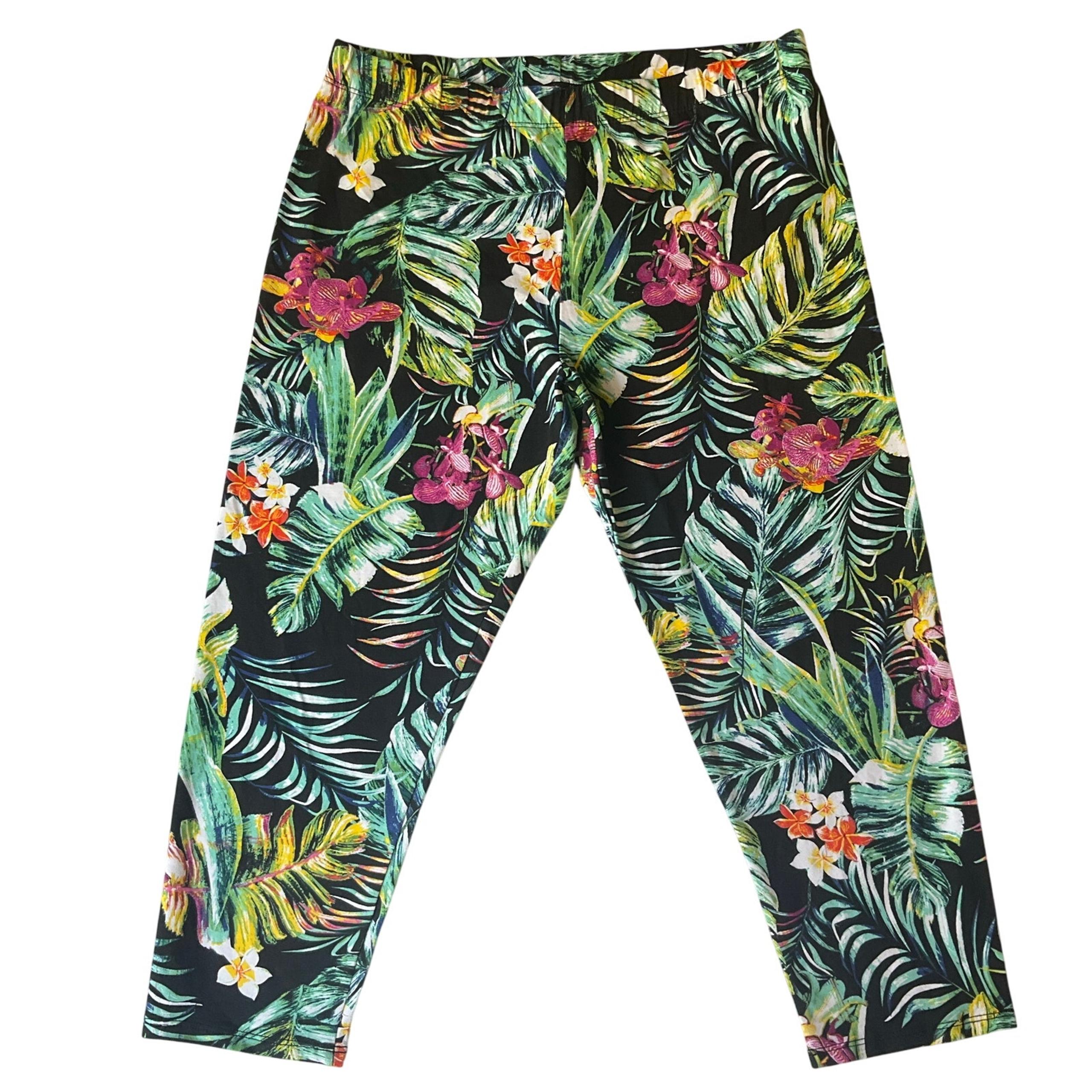 No Boundaries Women Cropped Leggings size L(11-13) Floral Tropical Green Stretch