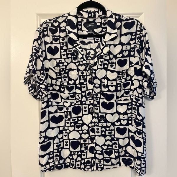 ANTHROPOLOGIE MAEVE Short Sleeve Hearts Button Down Navy White Women’s Large