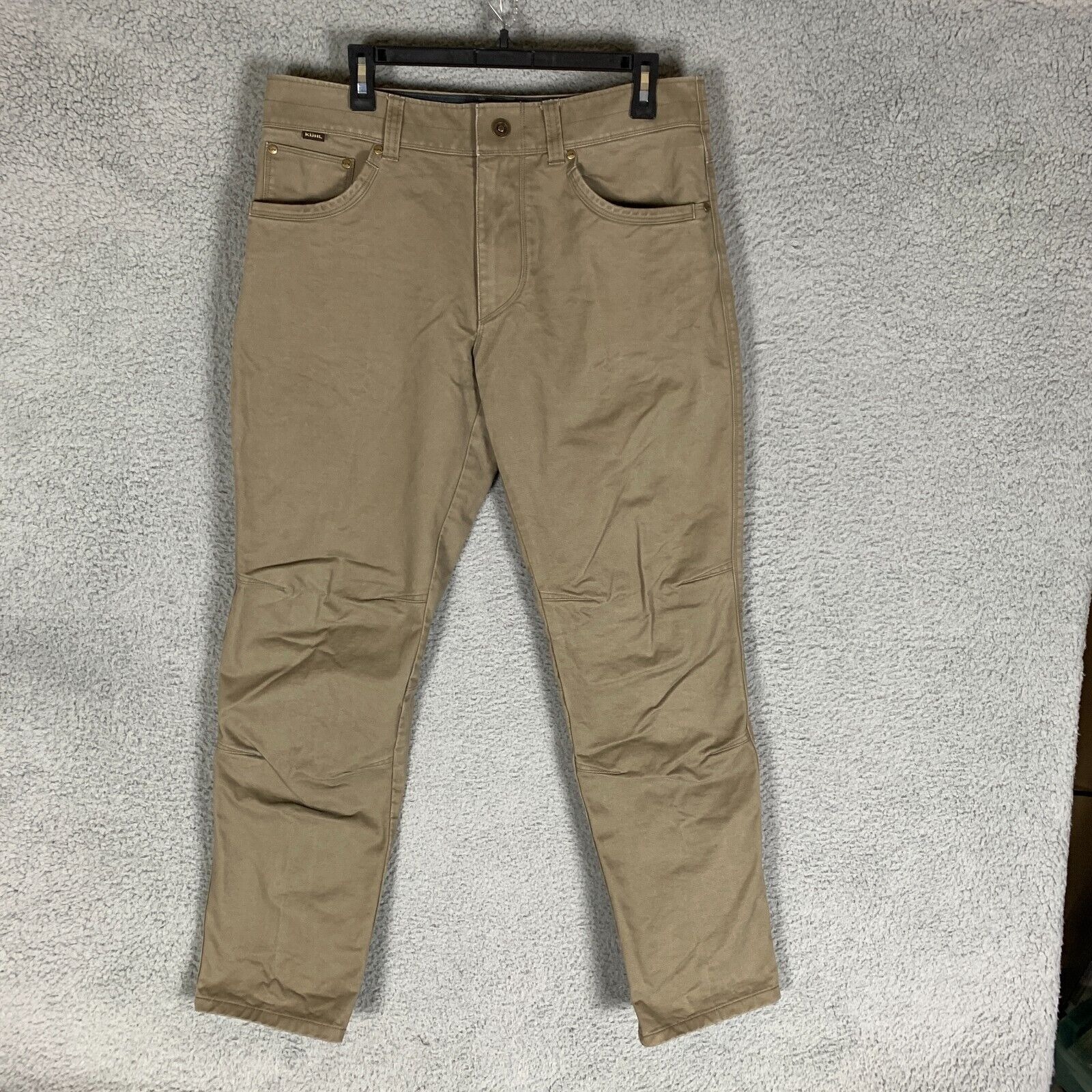 KUHL Free Rydr Pants Mens Size 34 Khaki Tapered Vintage Patina Dye Stretch Twill