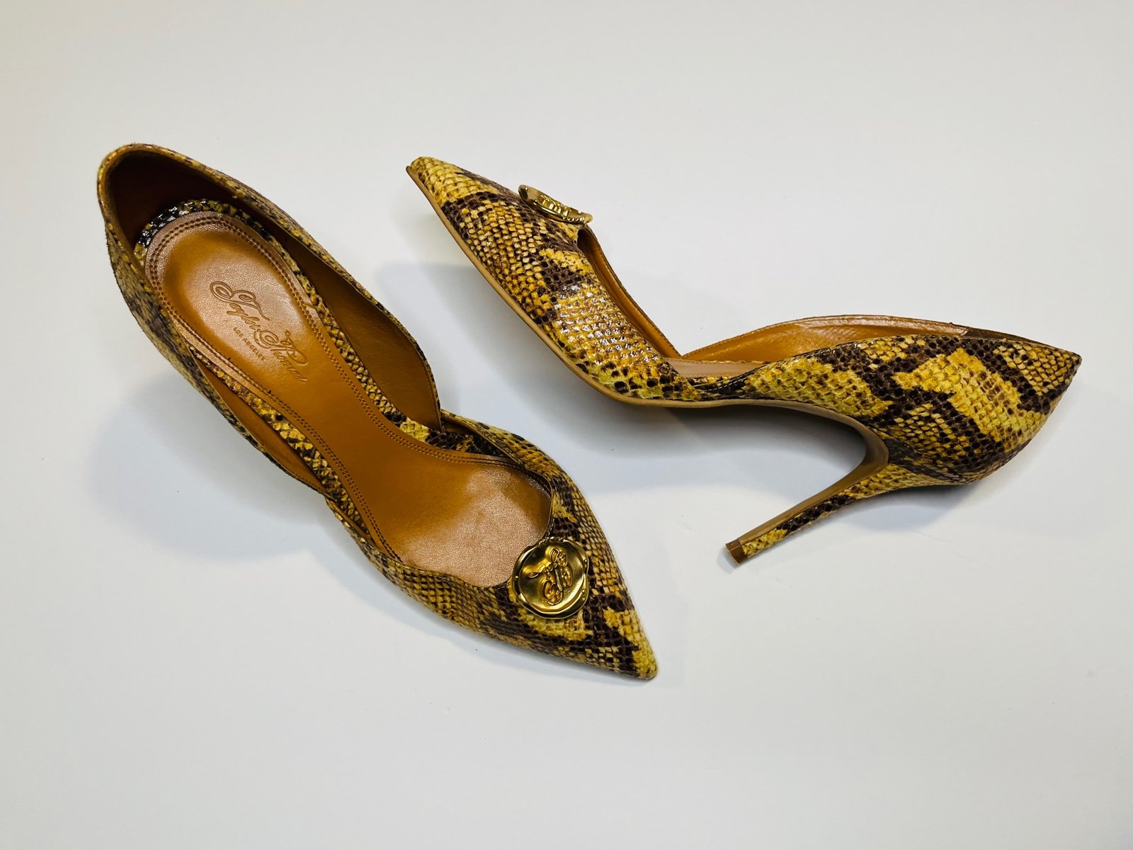 Taylor Thomas Women’s Brigitte Vegan Leather Golden Stiletto Heels Size 9