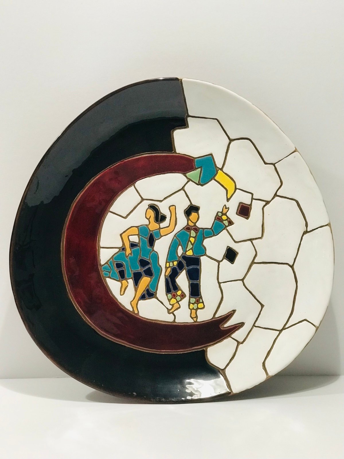 Vtg Keramos Israel Hand Painted Studio Art Pottery Enamelled Mosaic Wall Hanging