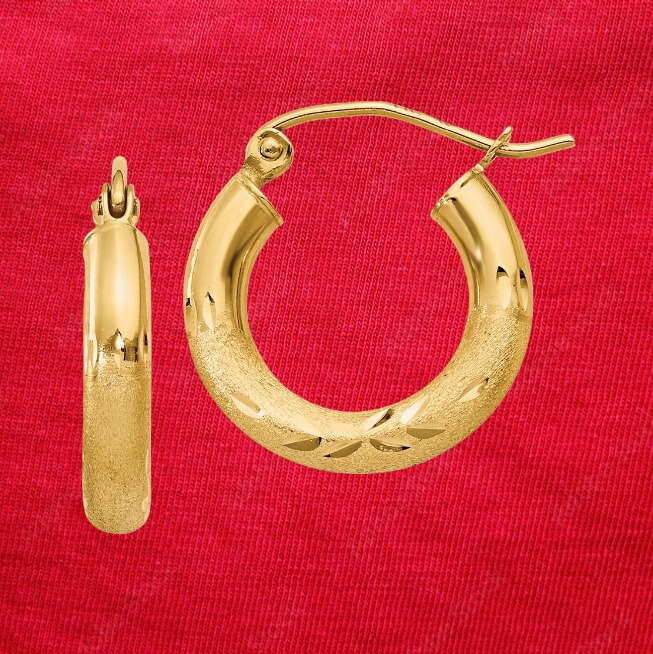 10k Satin & Diamond-cut 3mm Round Hoop Earrings