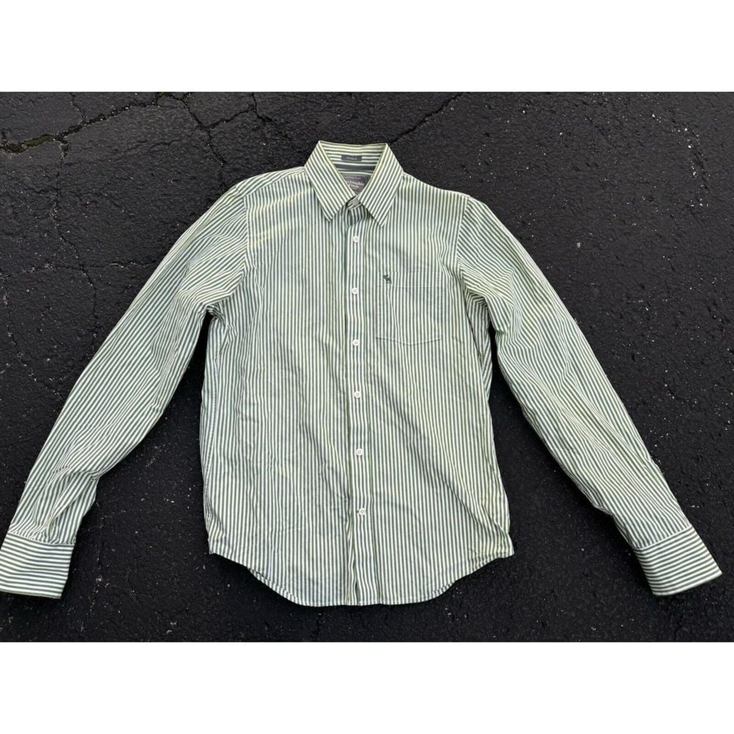 ABERCROMBIE & FITCH Men's Striped Dress Green and White Dress Shirt - Size LG