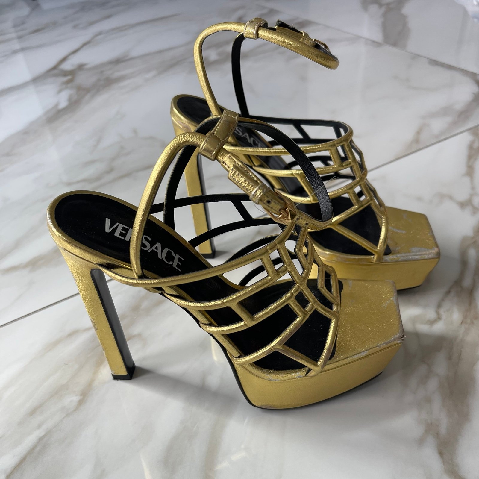 Versace Greca Maze Gold Cage Platform Sandals 38