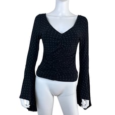 Free People What A Babe Women Size M Black Polka Dot Bell Sleeve Ruched Top Boho