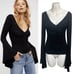 Free People What A Babe Women Size M Black Polka Dot Bell Sleeve Ruched Top Boho