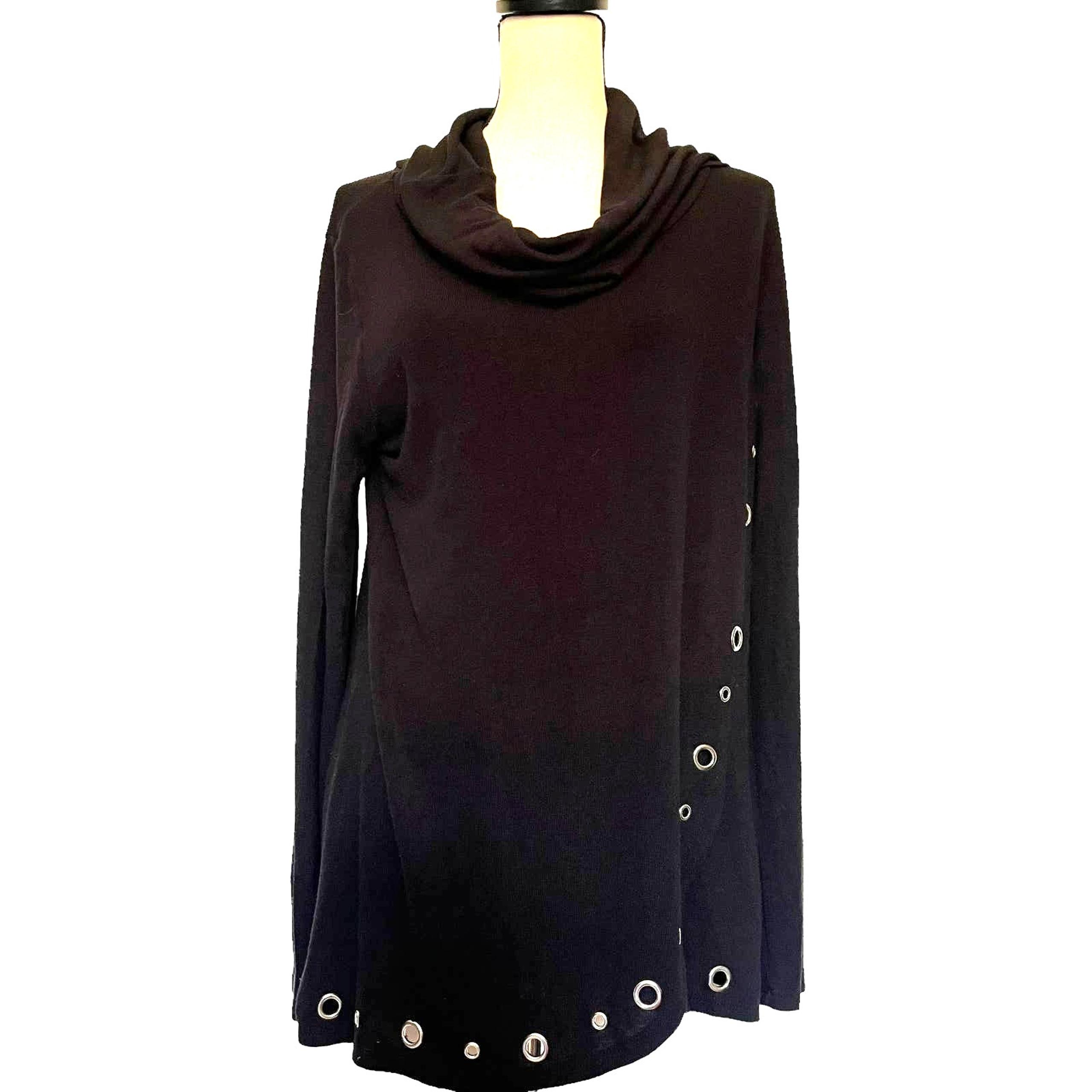 BELLDINI High Cowl Neck Womens Sweater Sz L Black Grommets Tunic Witchy Grunge