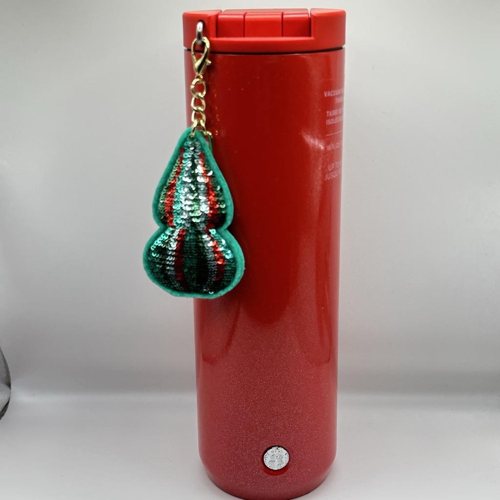 NEW Starbucks 2024 Red Stainless Steel Hot Travel Thermos/Sequin Xmas Tree Fob
