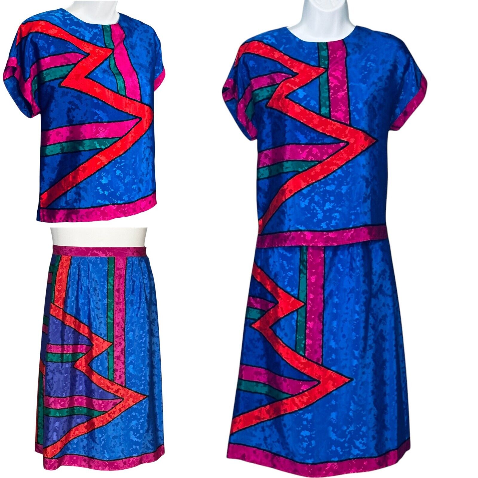 Vintage 80s Hal Ferman Donald Curtis Blouse & Midi Skirt Artsy Blue Pink Size 10