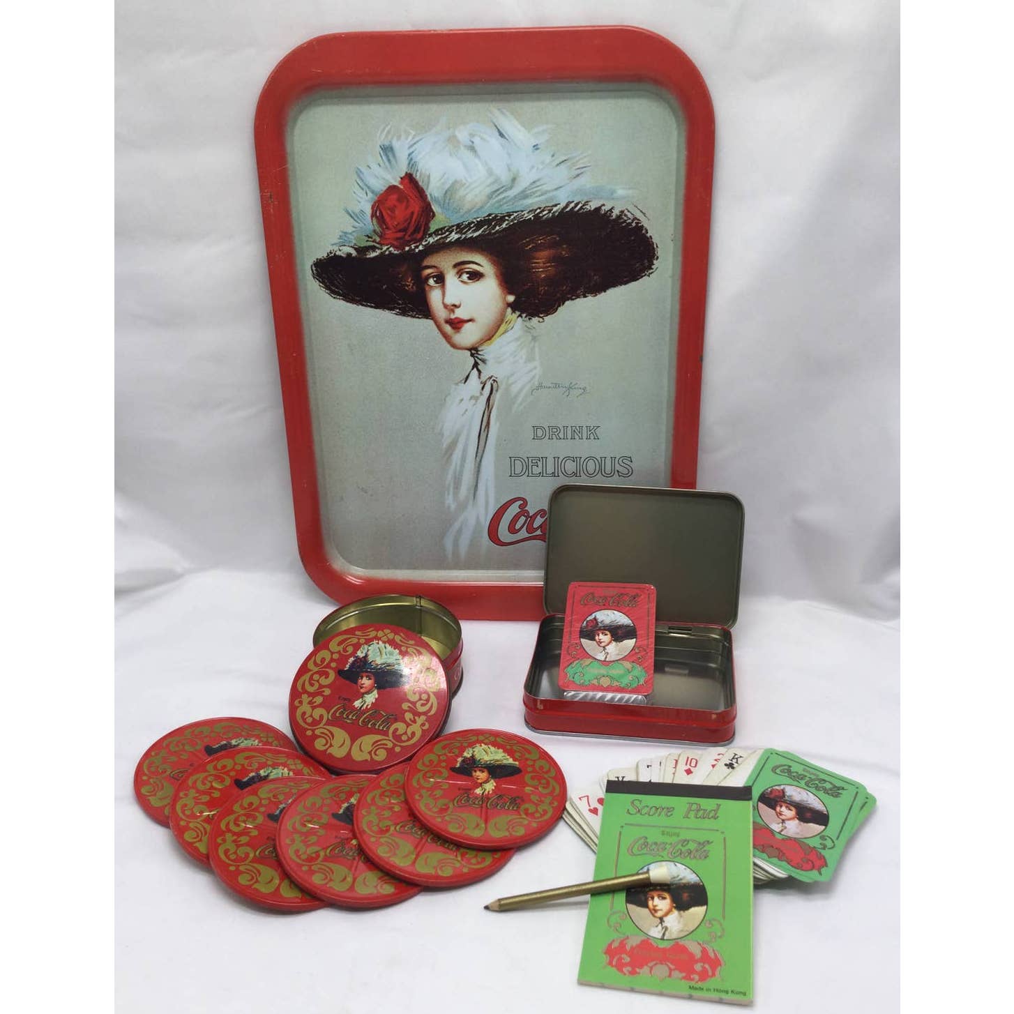 Vintage Coca Cola Advertising Collection Tray, Coasters, Playing Cards