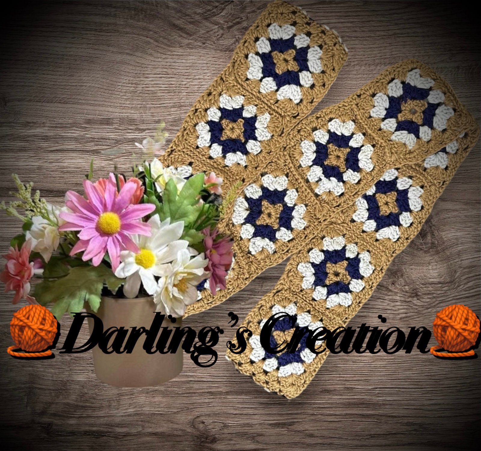Handmade Crochet Granny Square Scarf.