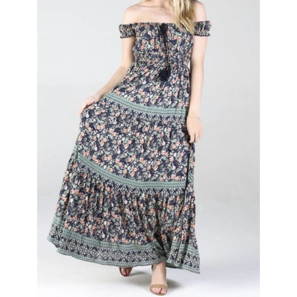 NWT Angie By Francesca's Collection Blue Floral Tiered Maxi Dress