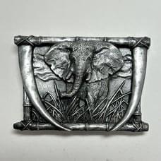 Elephant & Tusk Safari Belt Buckle, Bergamot Brass Works 1985 Pewter M-L50 USA