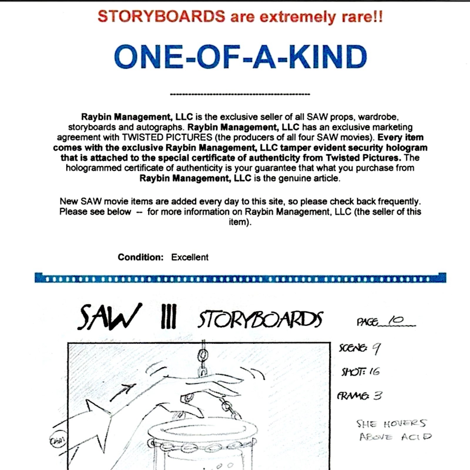SAW III HAND DRAWN PENCIL LICENSED FILM STORYBOARD KERRY ACID COA OOAK JIGSAW
