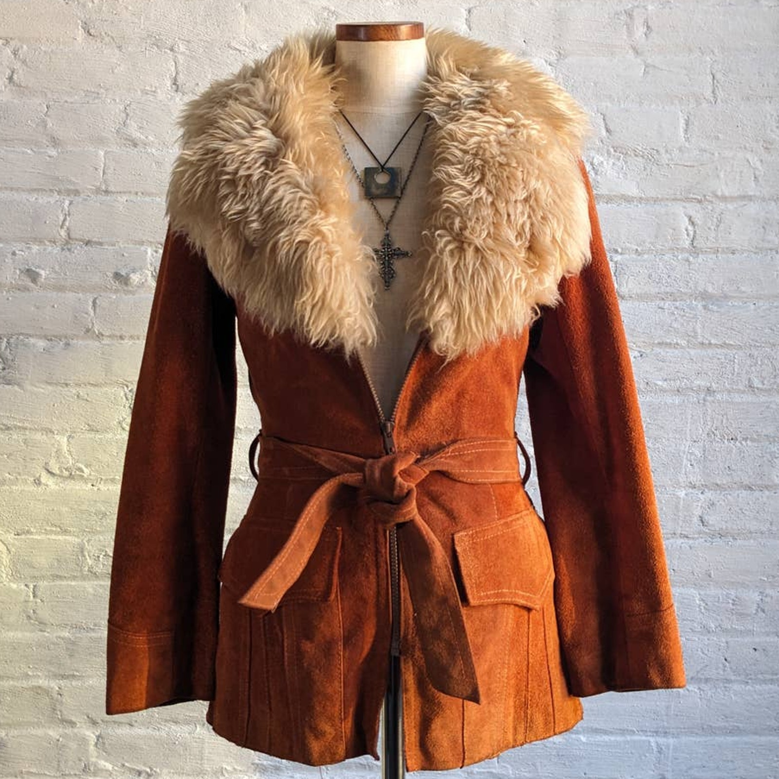 70s Vintage Orange Rusty Suede Coat Furry Penny Afghan Leather Groovy Fur Jacket