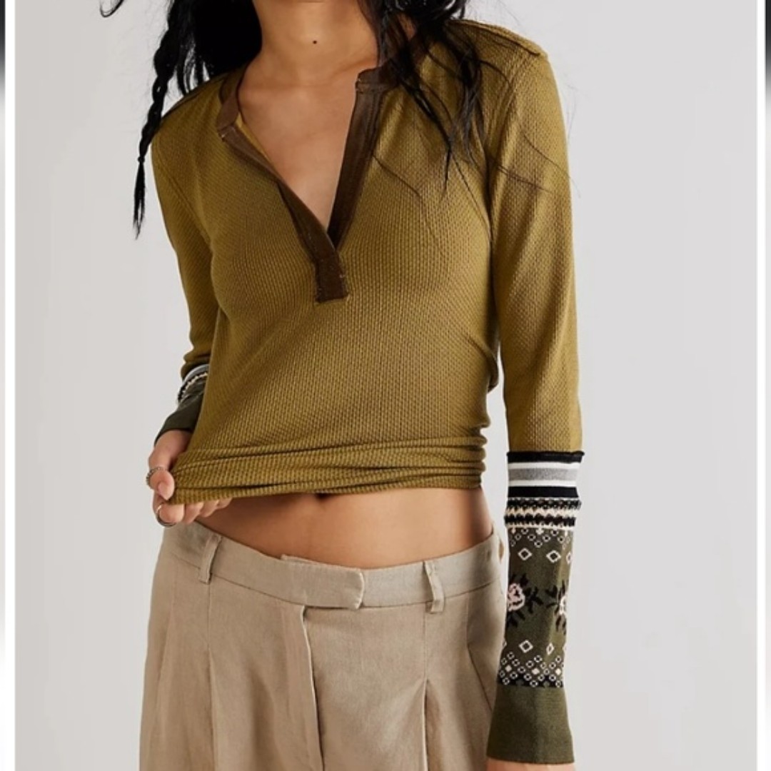 Free People We The Free Mikah Layering Cuff thermal top Size XS in army combo