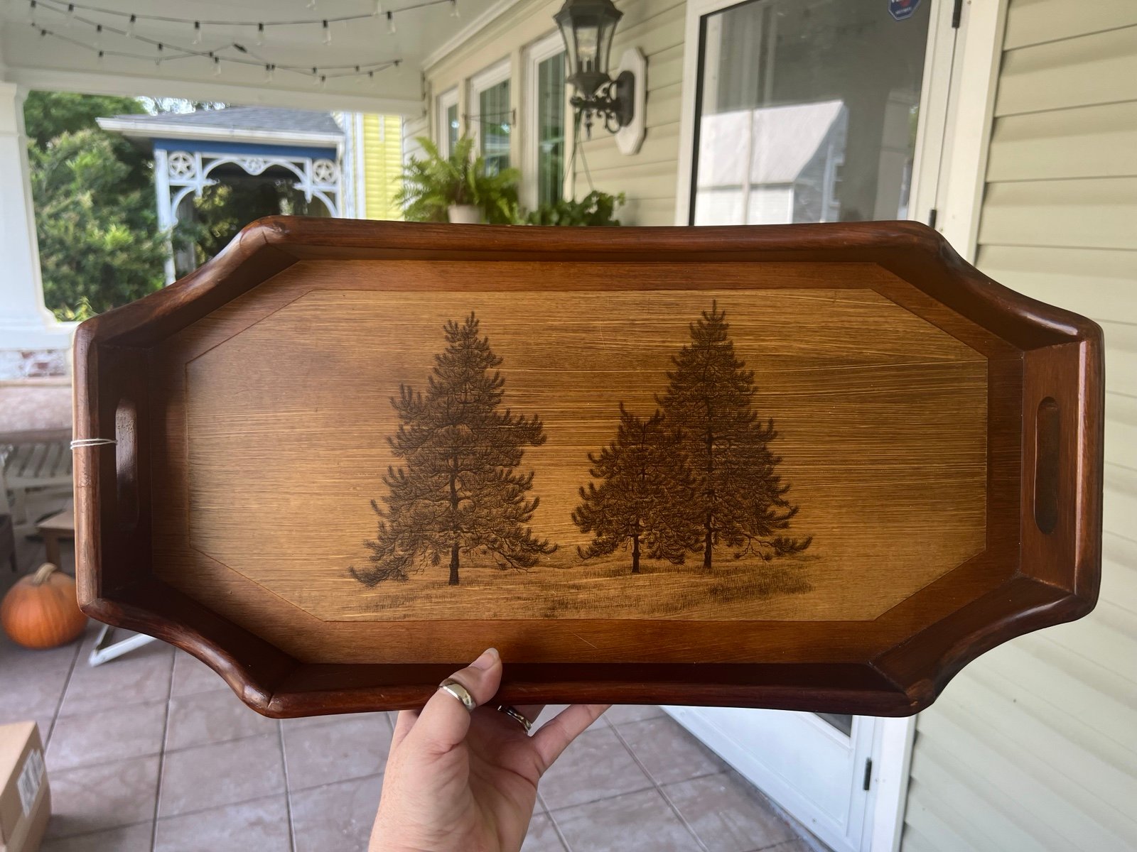 Vintage Carved Etched Wooden Pyrography Serving Tray~Evergreens