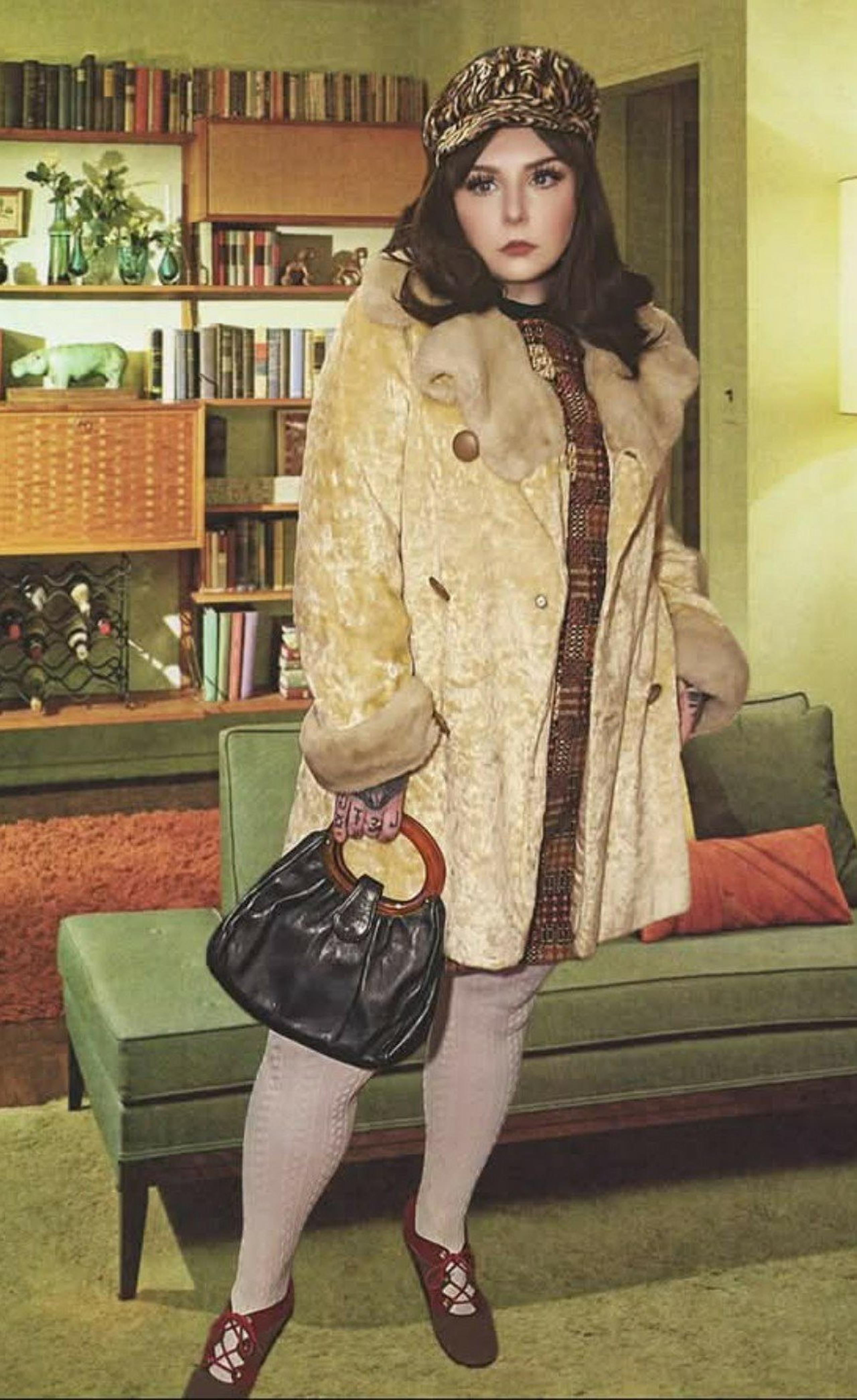 Vintage 1970s Cream Ivory Brown Button Fur Coat Aristocrat Fur Trim