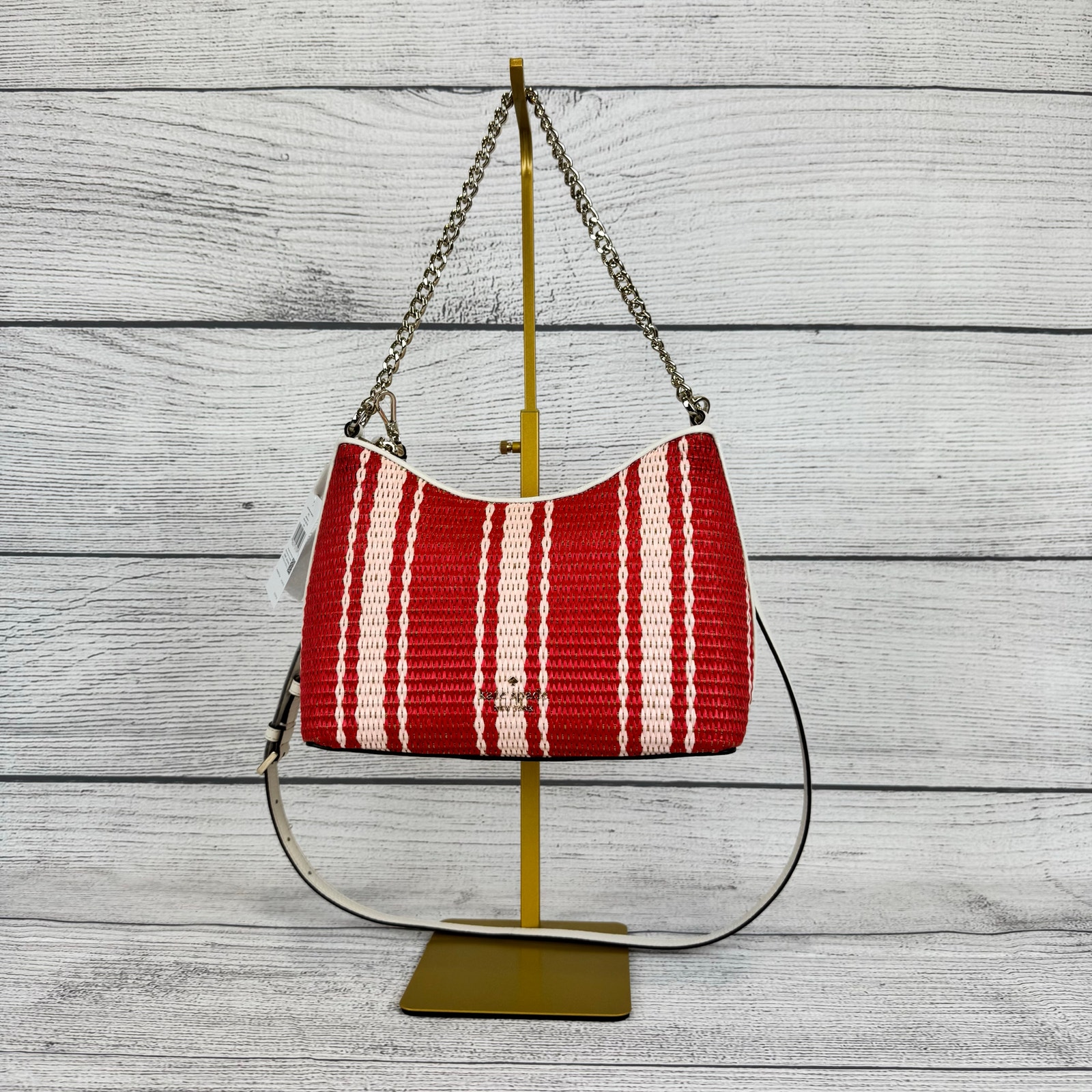 Kate Spade Women's Red & Pink Zippy Beach Chair Striped Straw Crossbody Bag