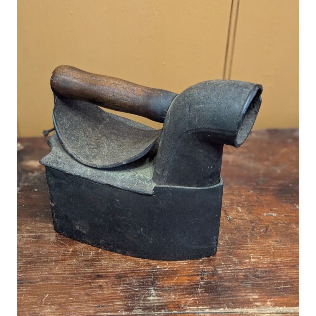 Antique Charcoal Coal Sad Iron w/ Chimney & Wood Handle Primitive 19th Century