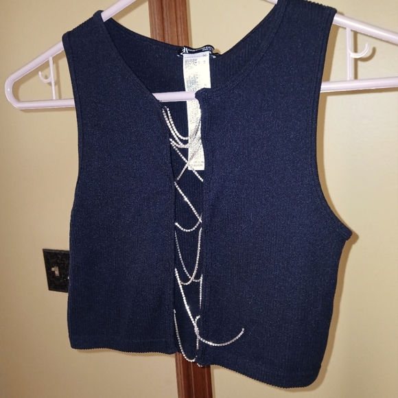 Zara Black Ribbed Lace Up Crop Top with Rhinestones Size XS - Small - Party