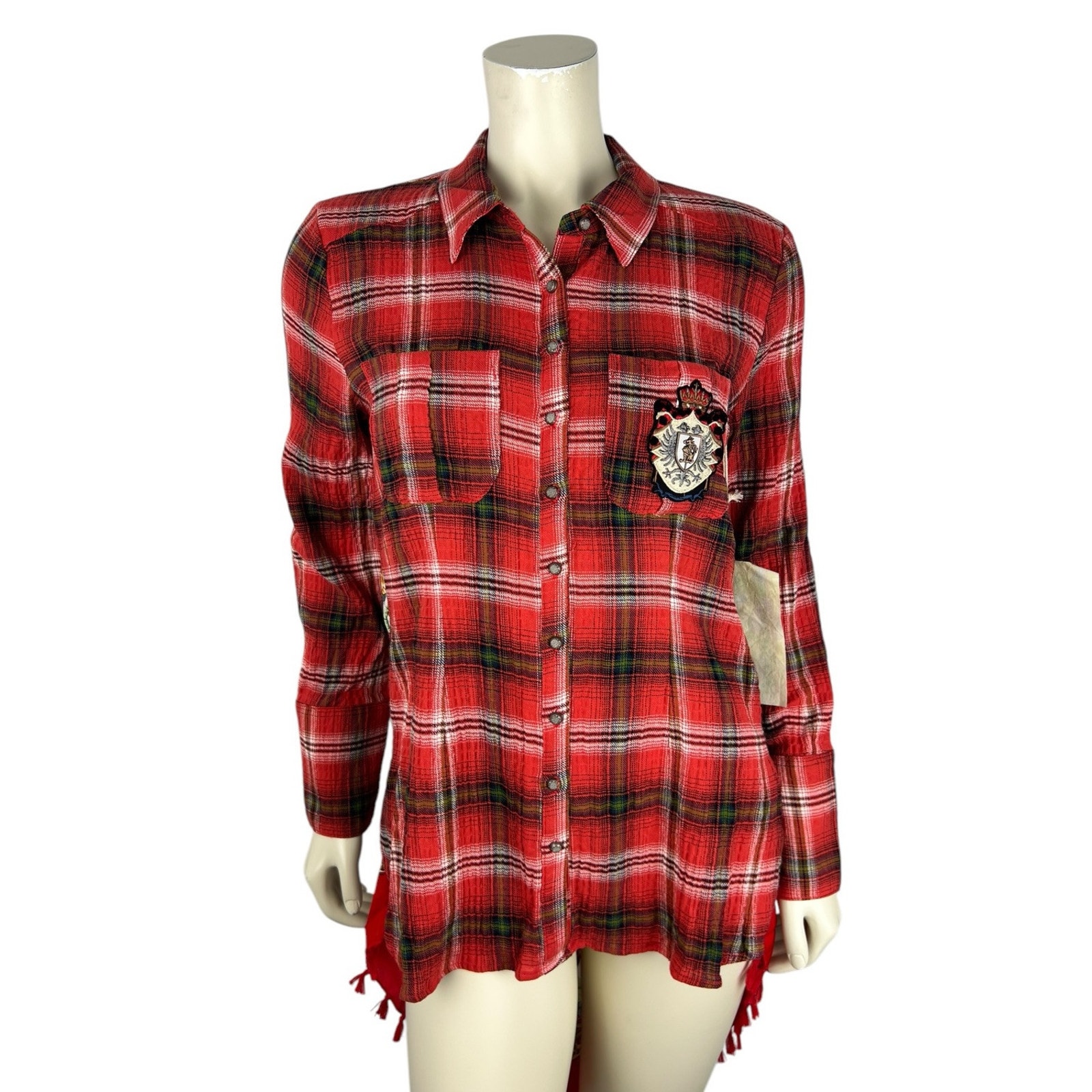 NEW Aratta Silent Journey Plaid Button Down Shirt Size M Patch Red Paisley Print