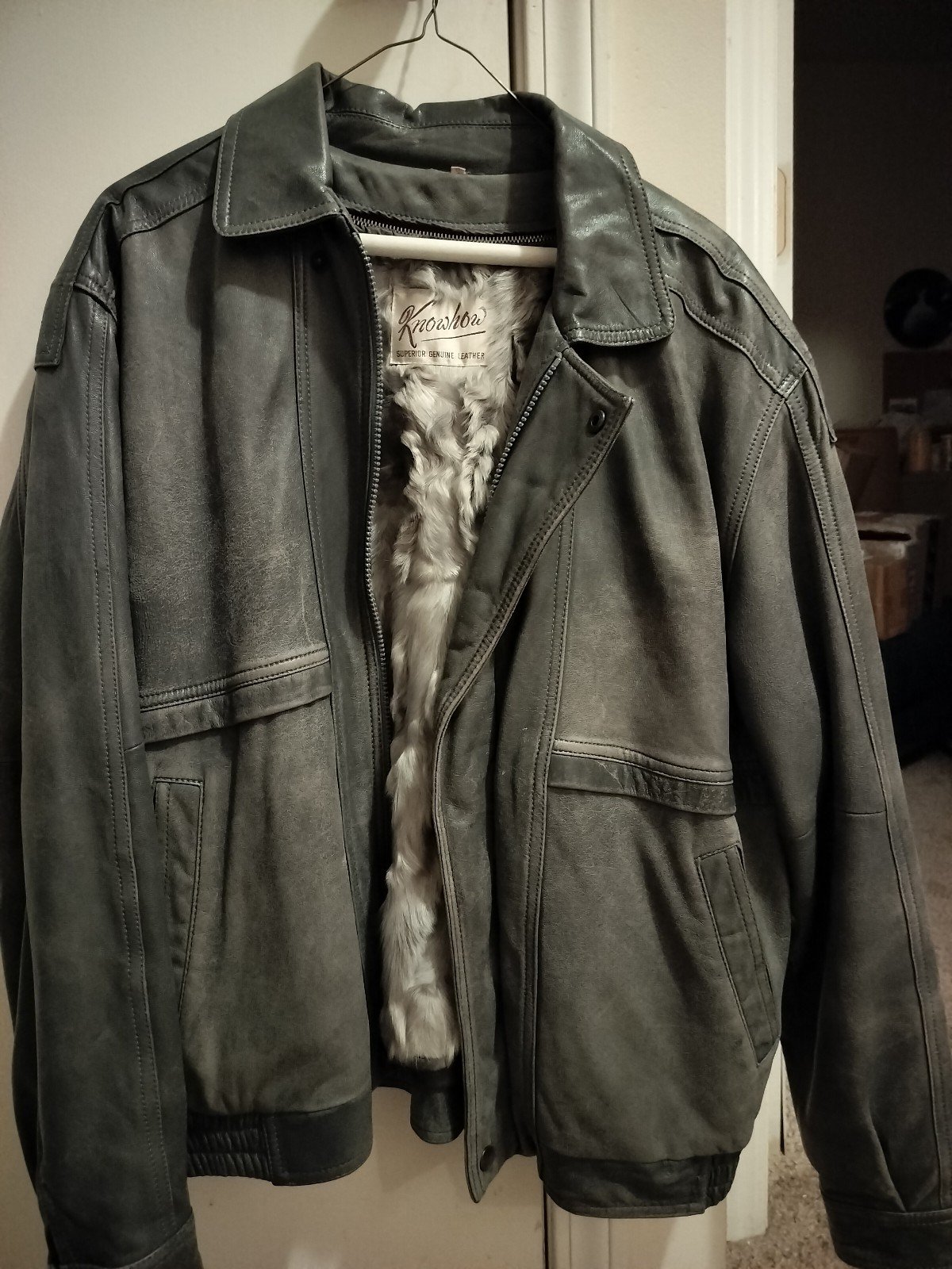 Leather jacket with rabbit fur lining