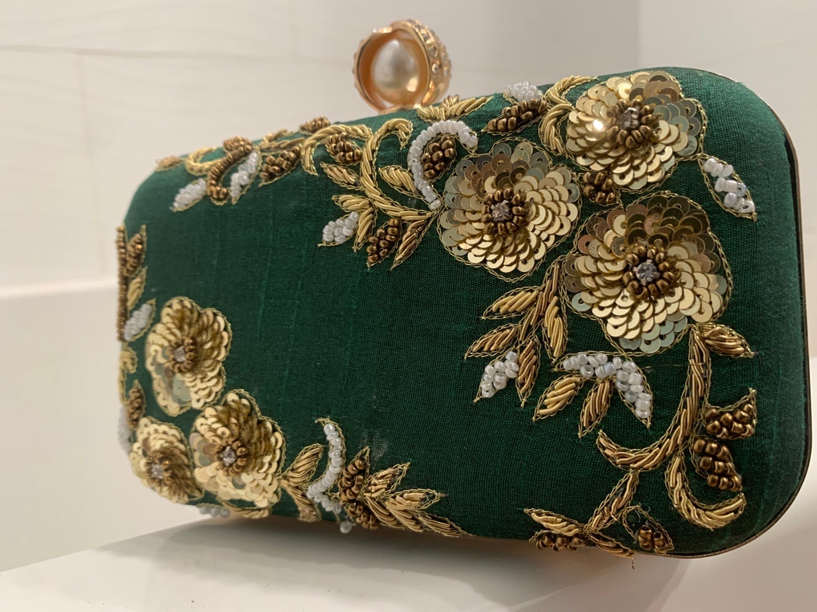 Green Clutch Purse Floral Embroidery