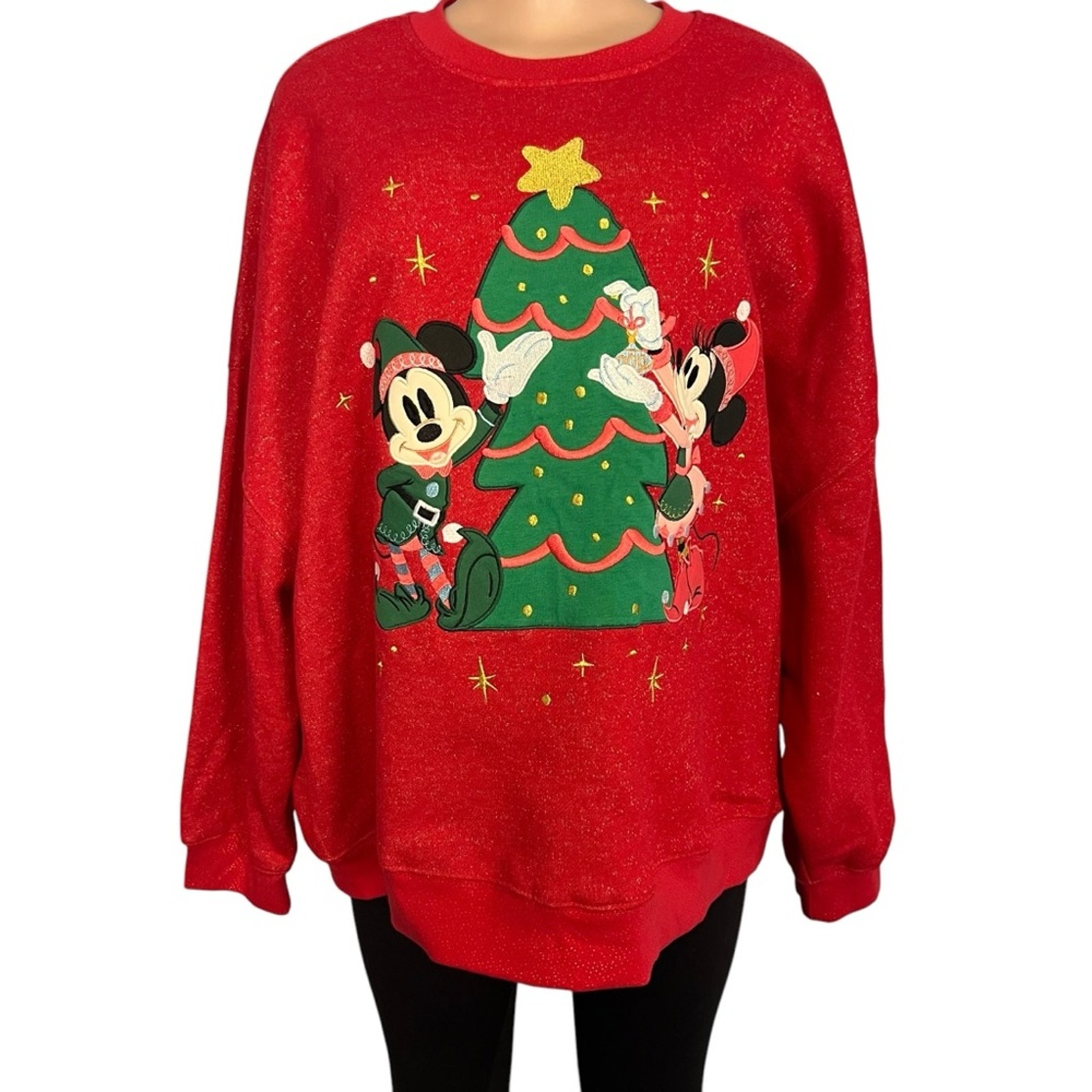 Disney Mickey and Minnie Mouse Embroidered Holiday Pullover Sweatshirt