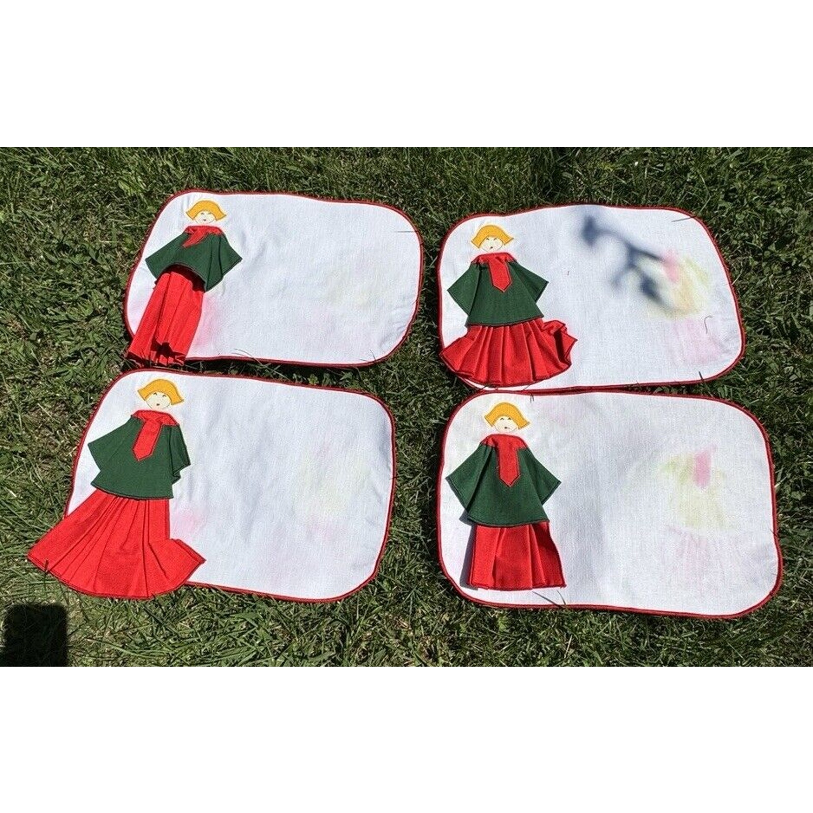 Vintage Christmas Placemats set of 4 Girl With Removable Napkin Dress *Stained