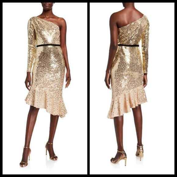 MARCHESA NOTTE Glitter Ruffle Asymmetric Cocktail Dress ~ Champagne 4 NWT