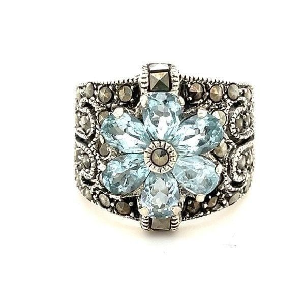 Silver 925 Blue Topaz/Marcasite Flower Ring